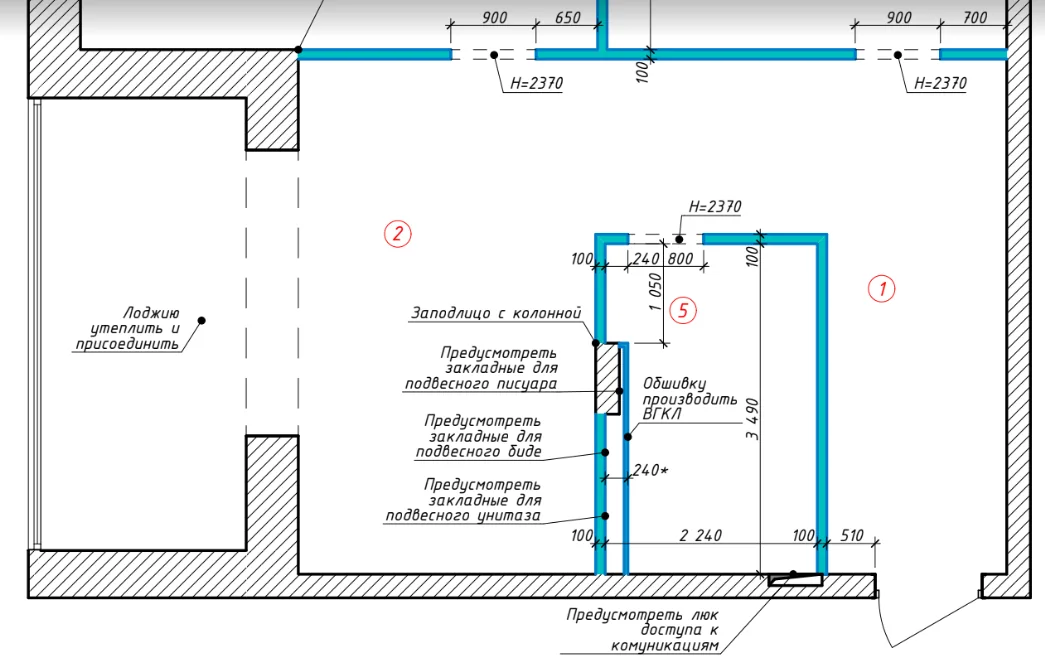Wall elevation / materials and placement dimensions